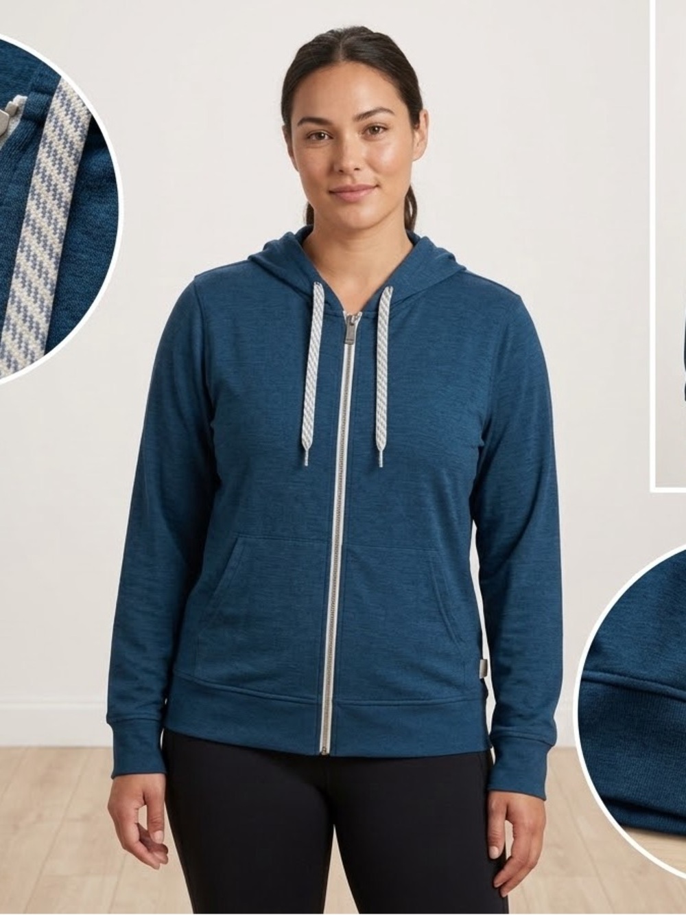 Vuori Full-Zip Hoodie in Teal Blue with Contrast Drawcords